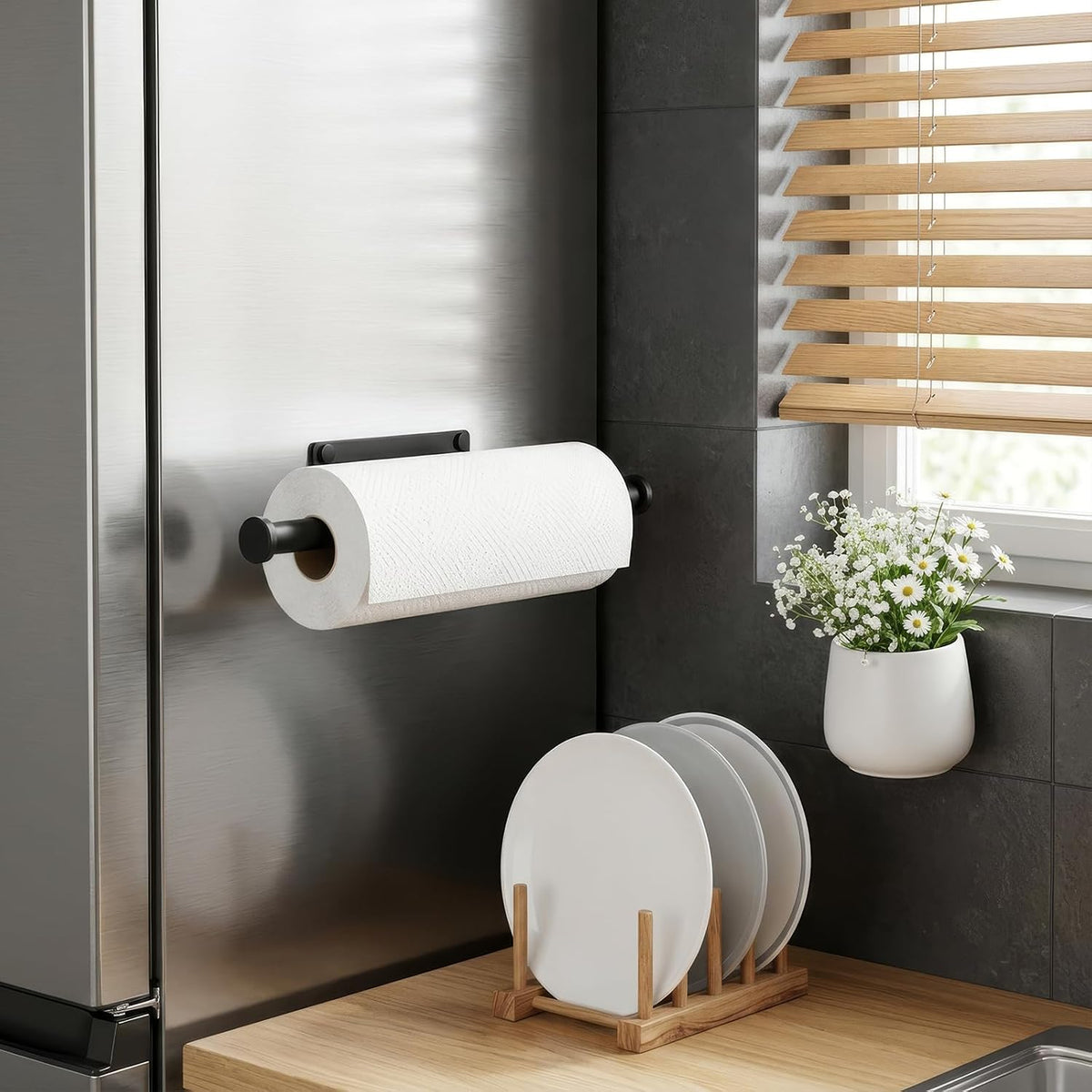 Paper Towel Holder Wall Mount - Self Adhesive No Drill or Drilling Kitchen, Bathroom, Sink, Pantry, Fridge(Black)