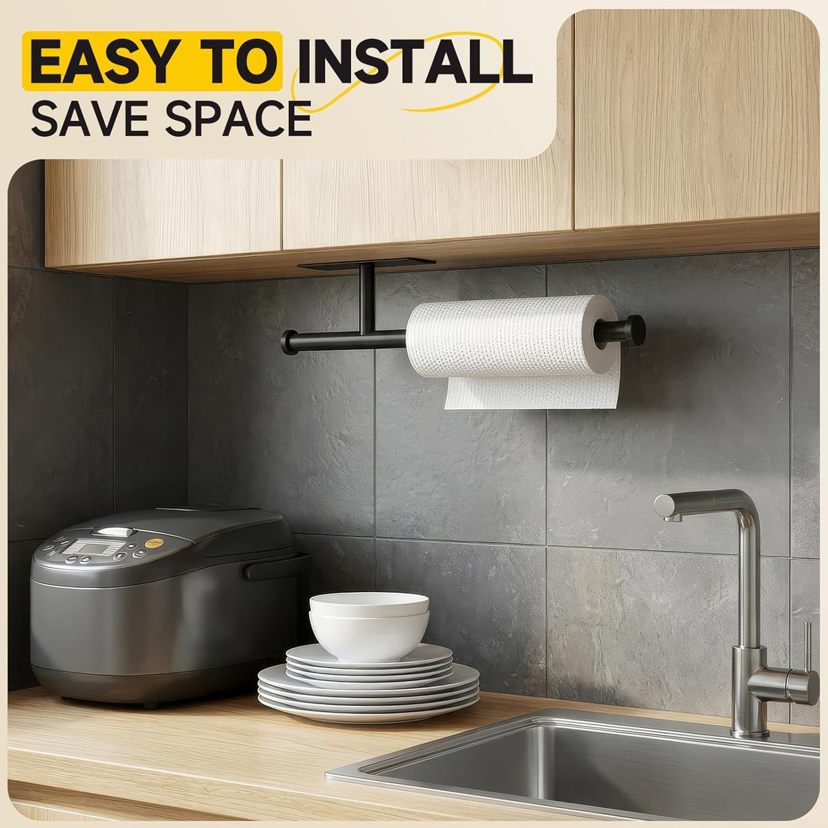 Paper Towel Holder Wall Mount - Self Adhesive No Drill or Drilling Kitchen, Bathroom, Sink, Pantry, Fridge(Black)
