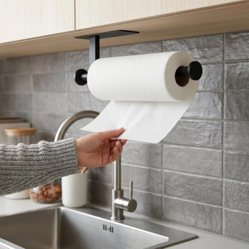 Paper Towel Holder Wall Mount - Self Adhesive No Drill or Drilling Kitchen, Bathroom, Sink, Pantry, Fridge(Black)
