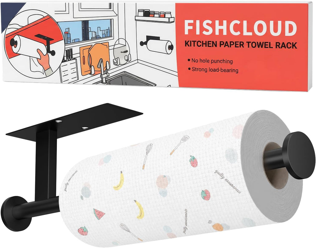 Paper Towel Holder Wall Mount - Self Adhesive No Drill or Drilling Kitchen, Bathroom, Sink, Pantry, Fridge(Black)